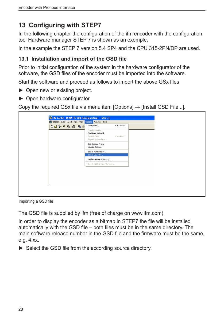 13 configuring with step7, 1 installation and import of the gsd file | ifm electronic RN3001 User Manual | Page 28 / 31