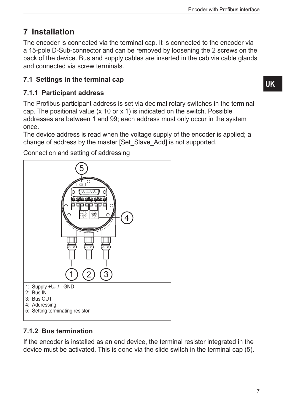 7 installation, 1 settings in the terminal cap, 1 participant address | 2 bus termination, Encoder with profibus interface 7, Supply +u | ifm electronic RN3001 User Manual | Page 7 / 31