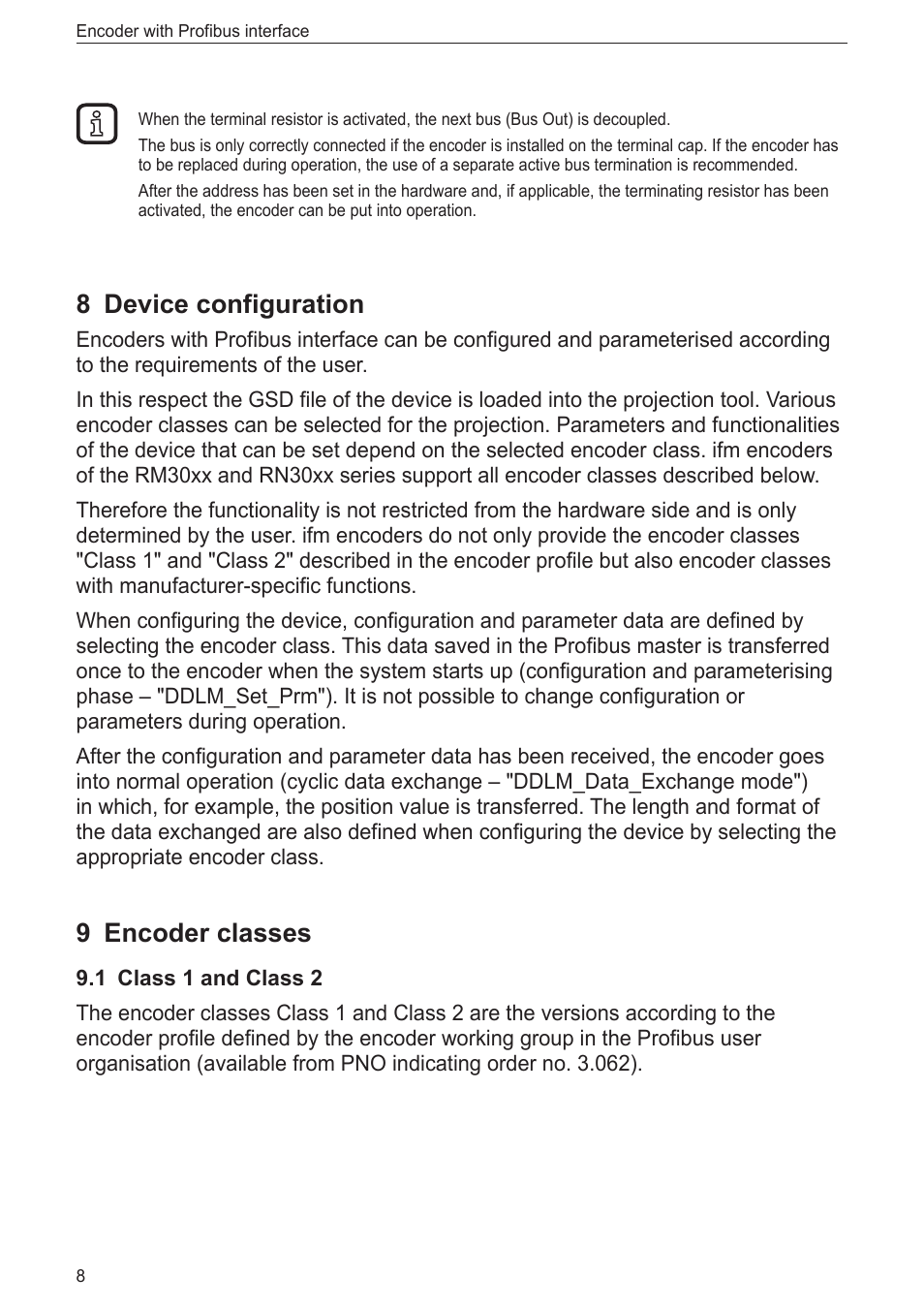 8 device configuration, 9 encoder classes, 1 class 1 and class 2 | ifm electronic RN3001 User Manual | Page 8 / 31