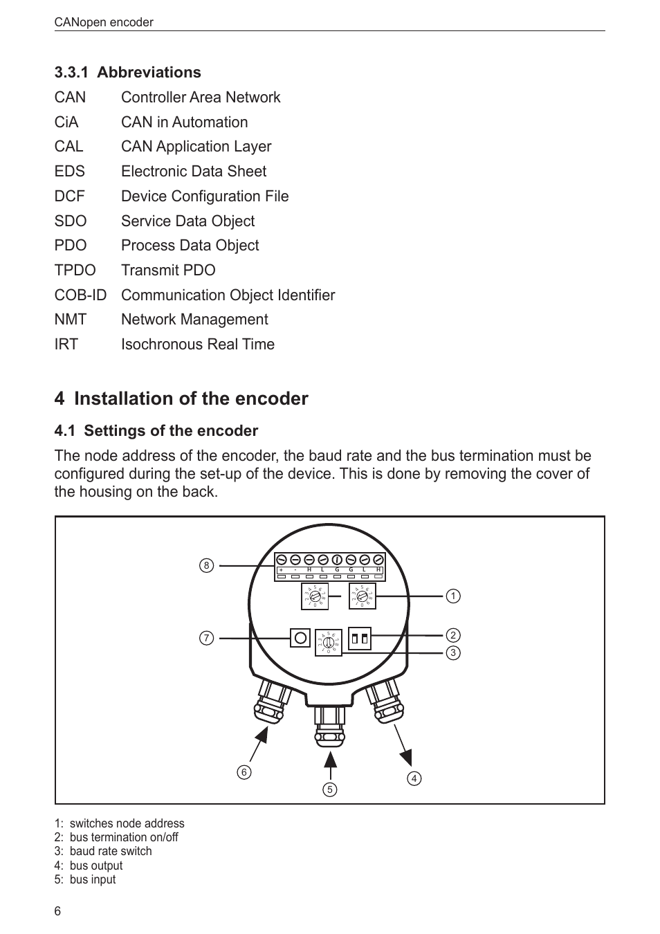 1 abbreviations, 4 installation of the encoder, 1 settings of the encoder | Installation of the encoder 4, Canopen encoder 6 | ifm electronic RN7003 User Manual | Page 6 / 25