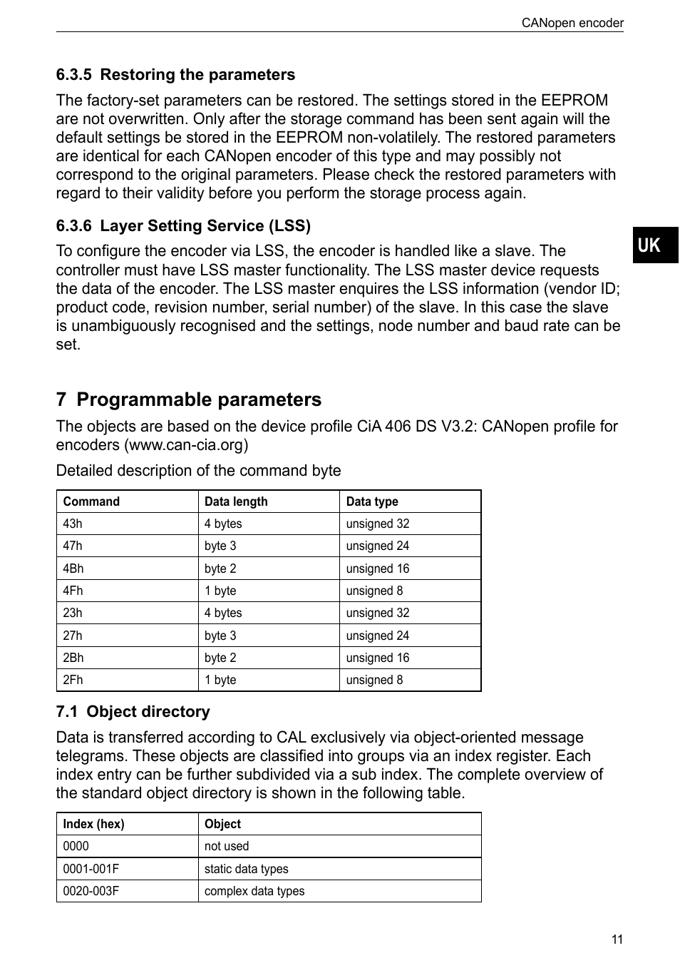 5 restoring the parameters, 6 layer setting service (lss), 7 programmable parameters | 1 object directory | ifm electronic RM9000 User Manual | Page 11 / 35