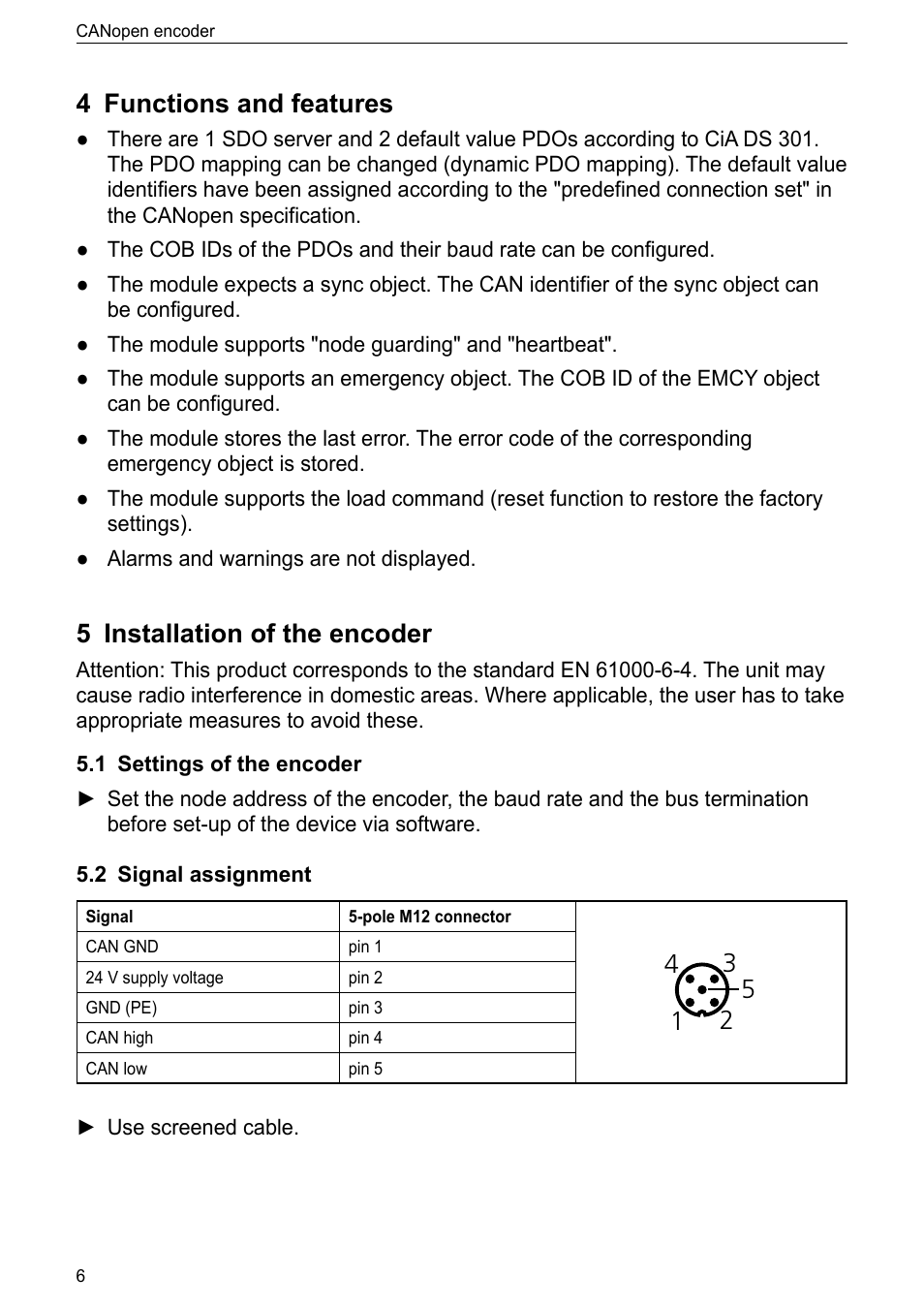 4 functions and features, 5 installation of the encoder, 1 settings of the encoder | 2 signal assignment | ifm electronic RM9000 User Manual | Page 6 / 35