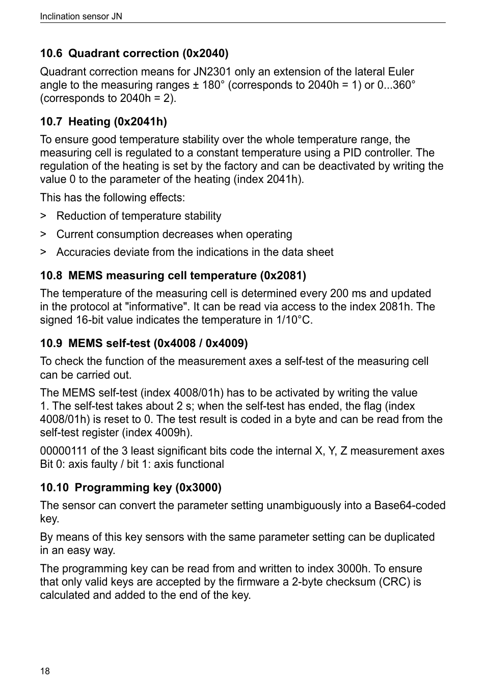 6 quadrant correction (0x2040), 7 heating (0x2041h), 8 mems measuring cell temperature (0x2081) | 9 mems self-test (0x4008 / 0x4009), 10 programming key (0x3000) | ifm electronic JN2301 User Manual | Page 18 / 21
