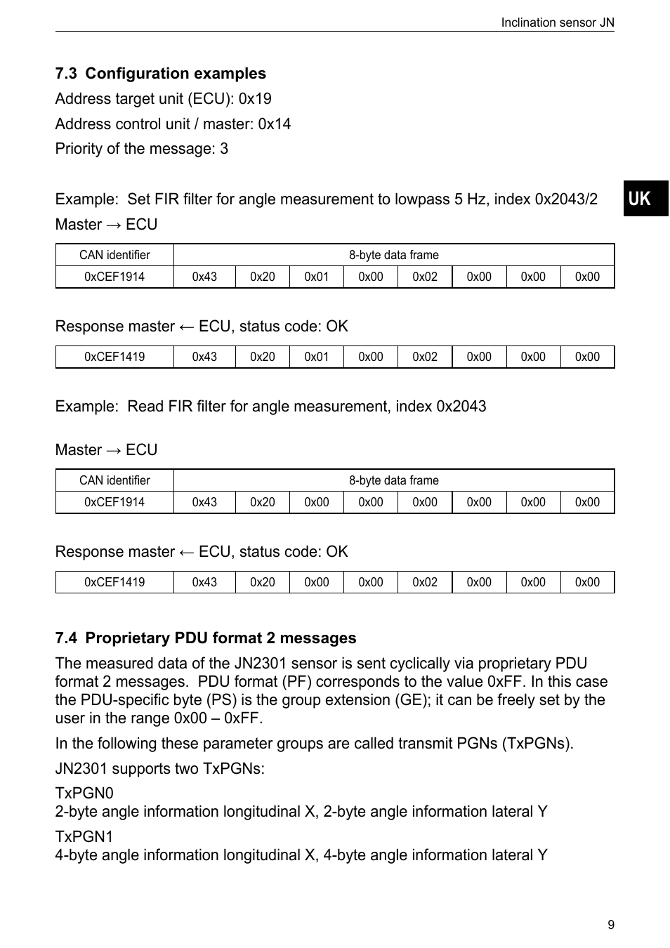 3 configuration examples, 4 proprietary pdu format 2 messages | ifm electronic JN2301 User Manual | Page 9 / 21