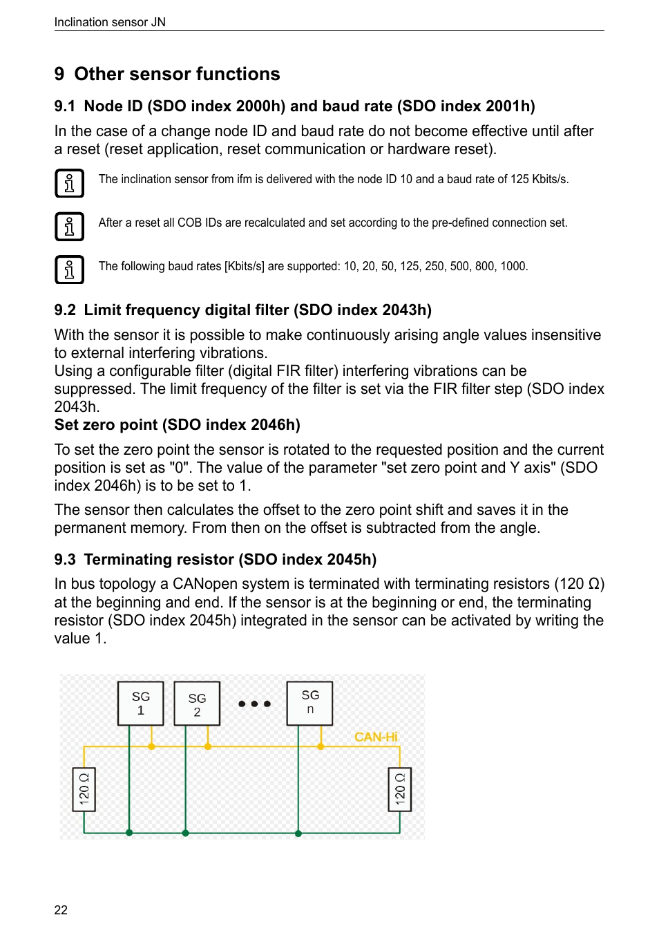 9 other sensor functions, 2 limit frequency digital filter (sdo index 2043h), 3 terminating resistor (sdo index 2045h) | ifm electronic JN2100 v.2.2.0 User Manual | Page 22 / 33