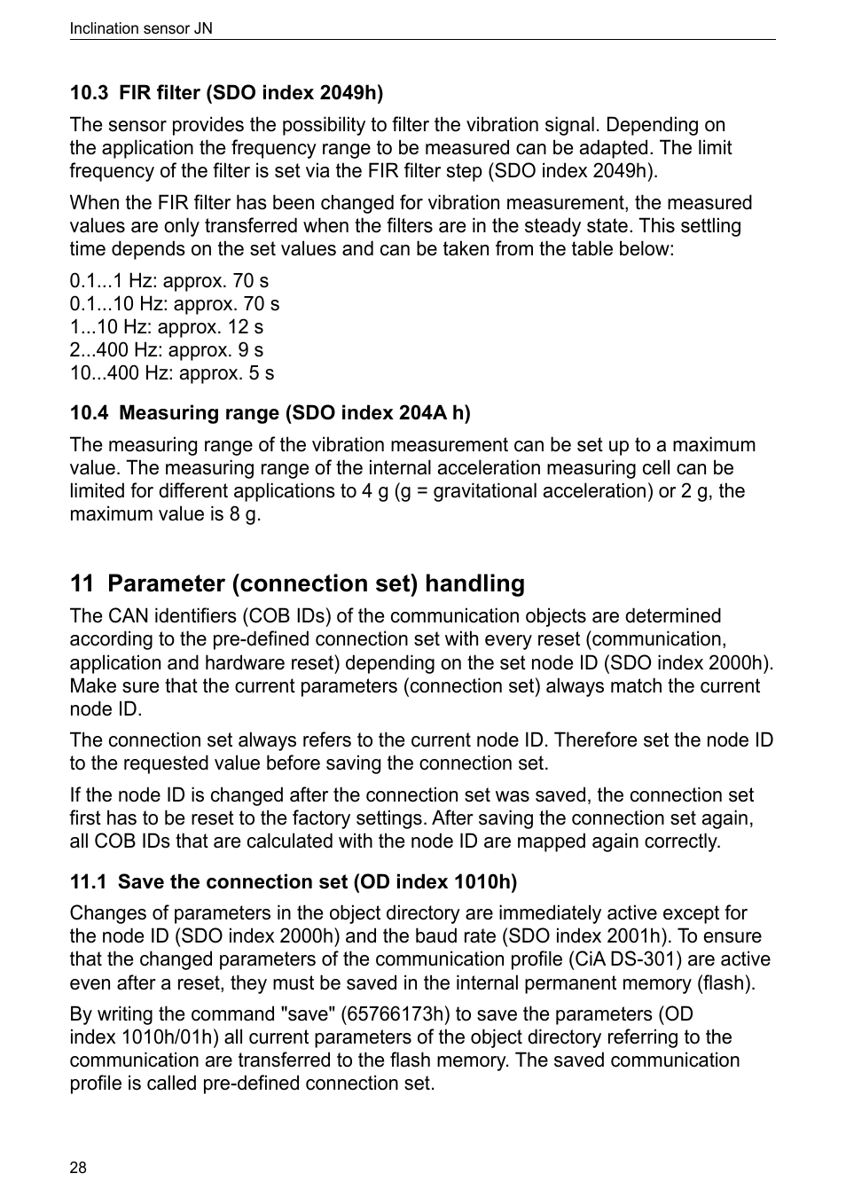 3 fir filter (sdo index 2049h), 4 measuring range (sdo index 204a h), 11 parameter (connection set) handling | 1 save the connection set (od index 1010h) | ifm electronic JN2100 v.2.2.0 User Manual | Page 28 / 33
