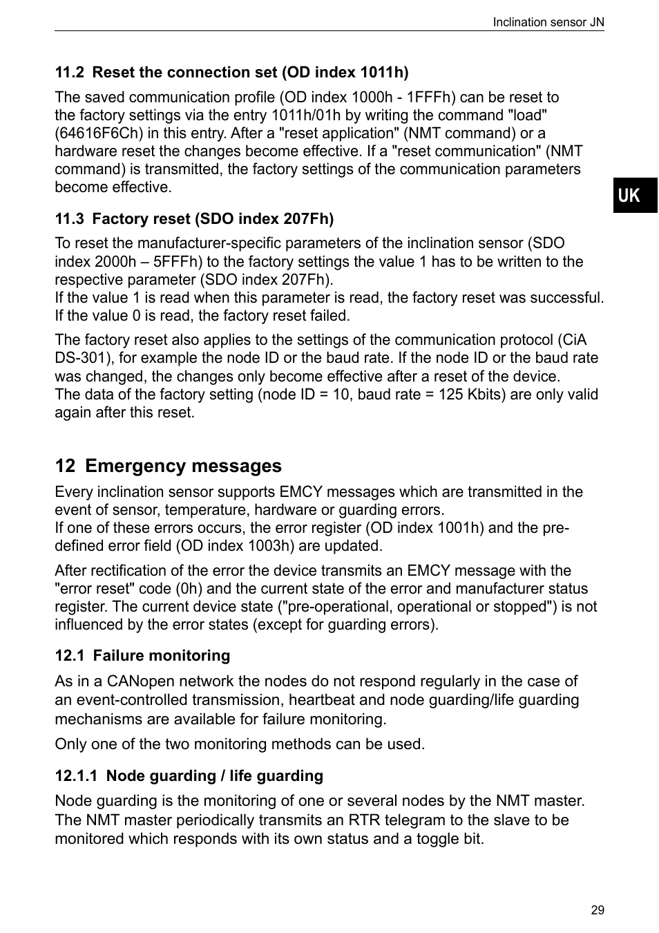 2 reset the connection set (od index 1011h), 3 factory reset (sdo index 207fh), 12 emergency messages | 1 failure monitoring, 1 node guarding / life guarding | ifm electronic JN2100 v.2.2.0 User Manual | Page 29 / 33