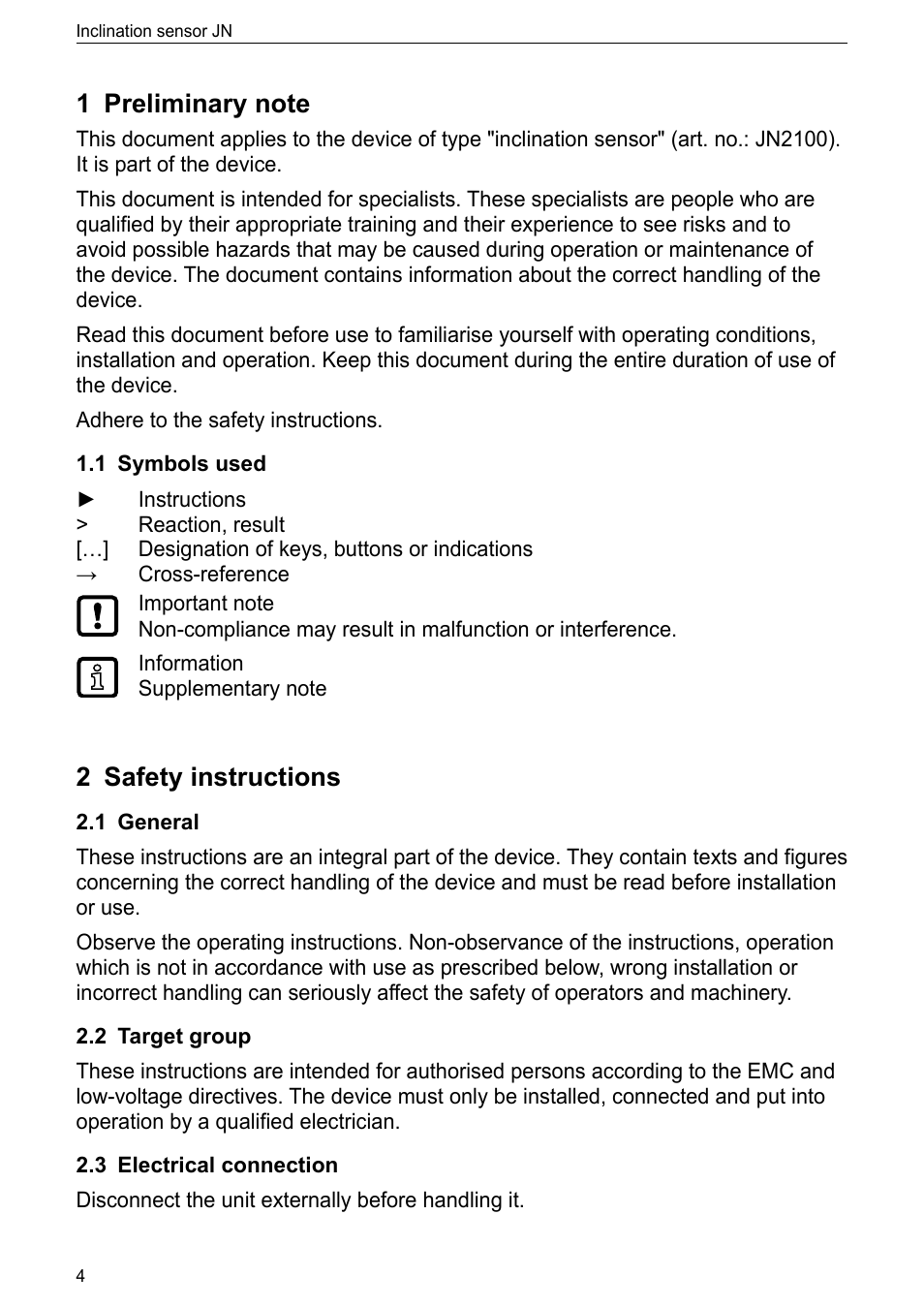 1 preliminary note, 1 symbols used, 2 safety instructions | 1 general, 2 target group, 3 electrical connection | ifm electronic JN2100 v.2.2.0 User Manual | Page 4 / 33