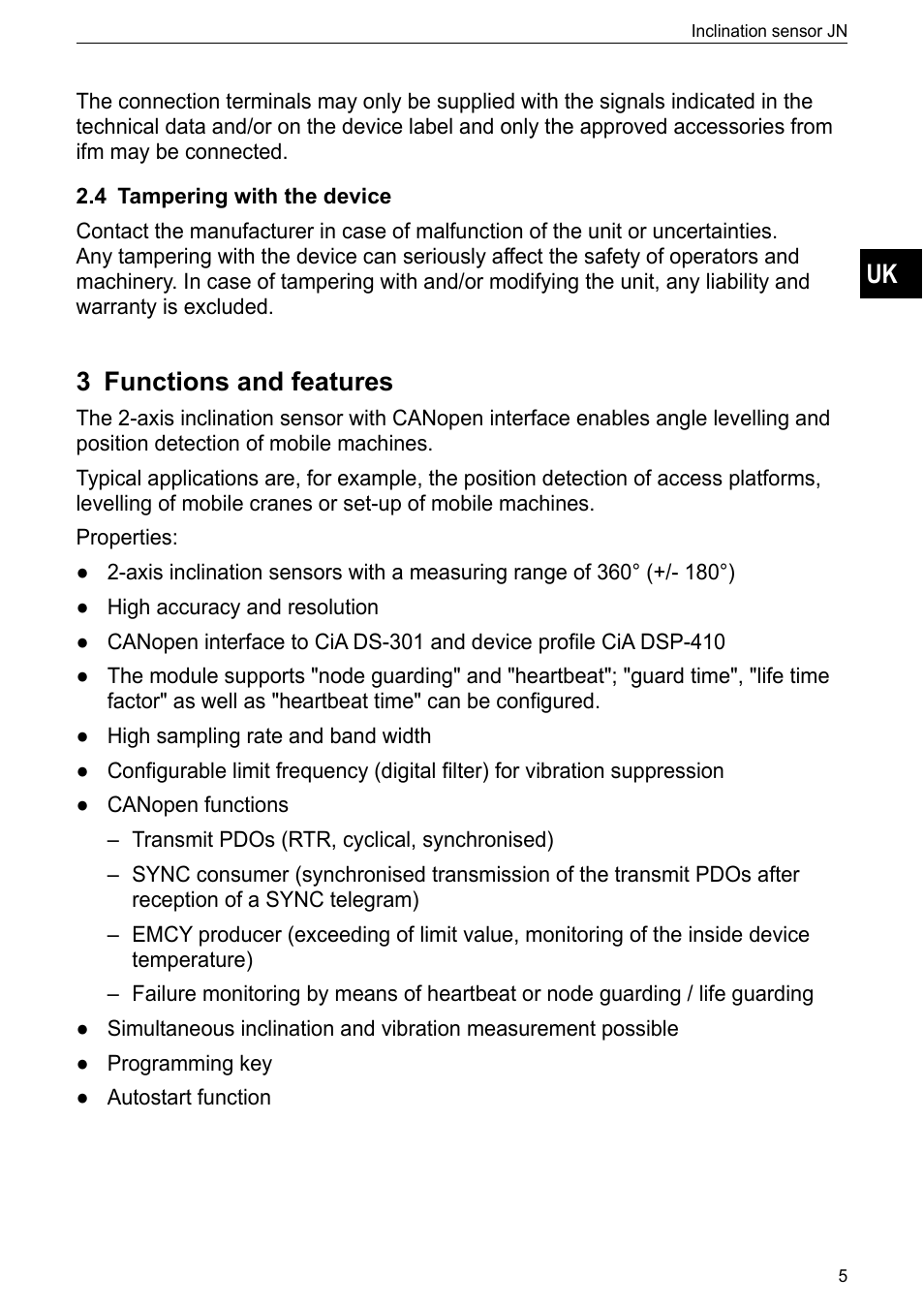 4 tampering with the device, 3 functions and features | ifm electronic JN2100 v.2.2.0 User Manual | Page 5 / 33