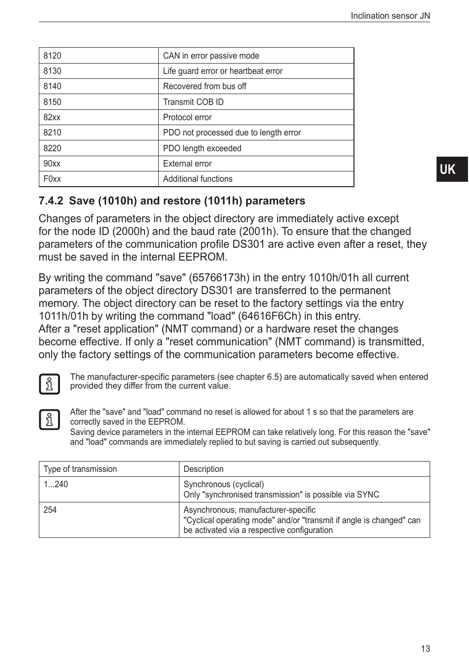 2 save (1010h) and restore (1011h) parameters | ifm electronic JN2100 v.2.0 User Manual | Page 13 / 25