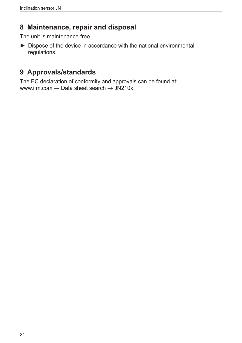 8 maintenance, repair and disposal, 9 approvals/standards | ifm electronic JN2100 v.2.0 User Manual | Page 24 / 25