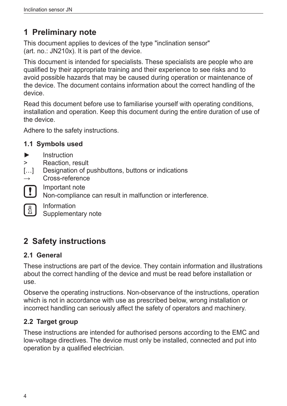 1 preliminary note, 1 symbols used, 2 safety instructions | 1 general, 2 target group | ifm electronic JN2100 v.2.0 User Manual | Page 4 / 25