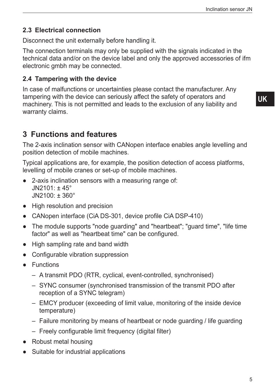 3 electrical connection, 4 tampering with the device, 3 functions and features | ifm electronic JN2100 v.2.0 User Manual | Page 5 / 25
