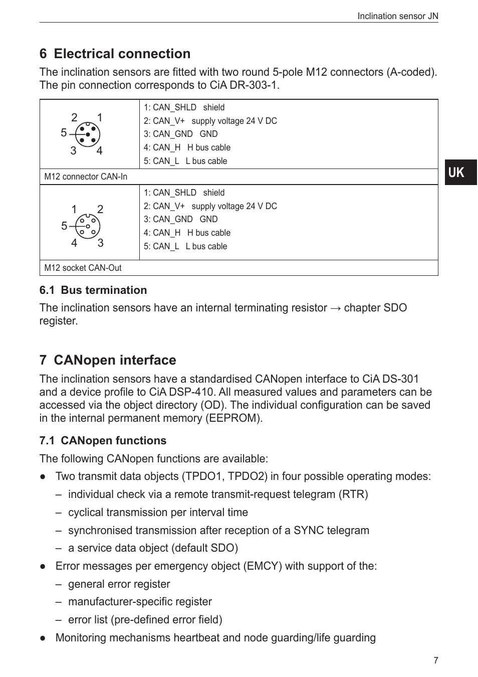 6 electrical connection, 1 bus termination, 7 canopen interface | 1 canopen functions | ifm electronic JN2100 v.2.0 User Manual | Page 7 / 25