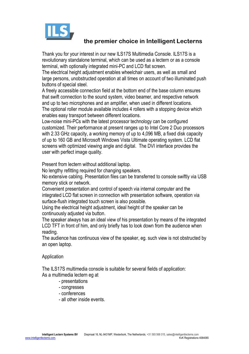 The premier choice in intelligent lecterns | ILS ILS17S User Manual | Page 2 / 9