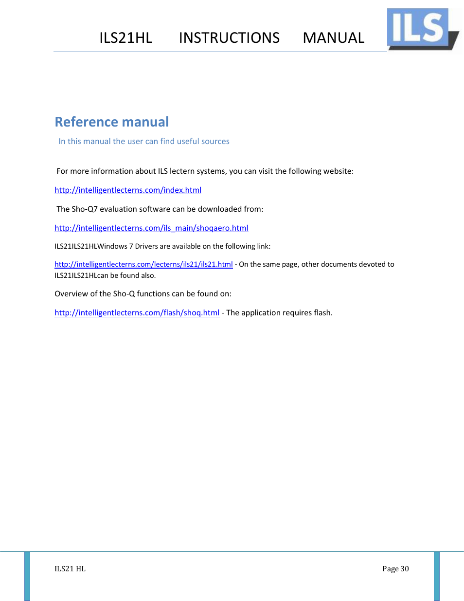 Ils21hl instructions manual, Reference manual | ILS ILS21H User Manual | Page 31 / 31