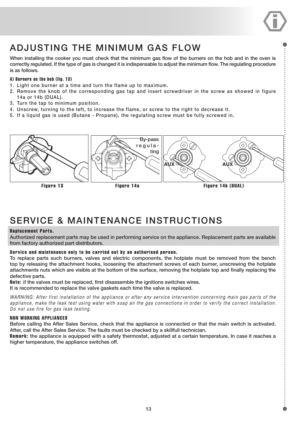 Adjusting the minimum gas flow, Service & maintenance instructions | ilve UP60 Majestic User Manual | Page 13 / 48
