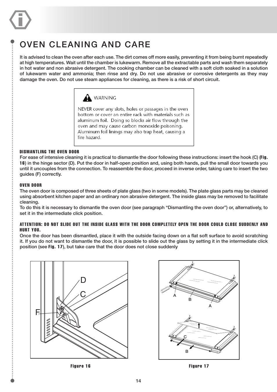 Dc f, Oven cleaning and care | ilve UP60 Majestic User Manual | Page 14 / 48