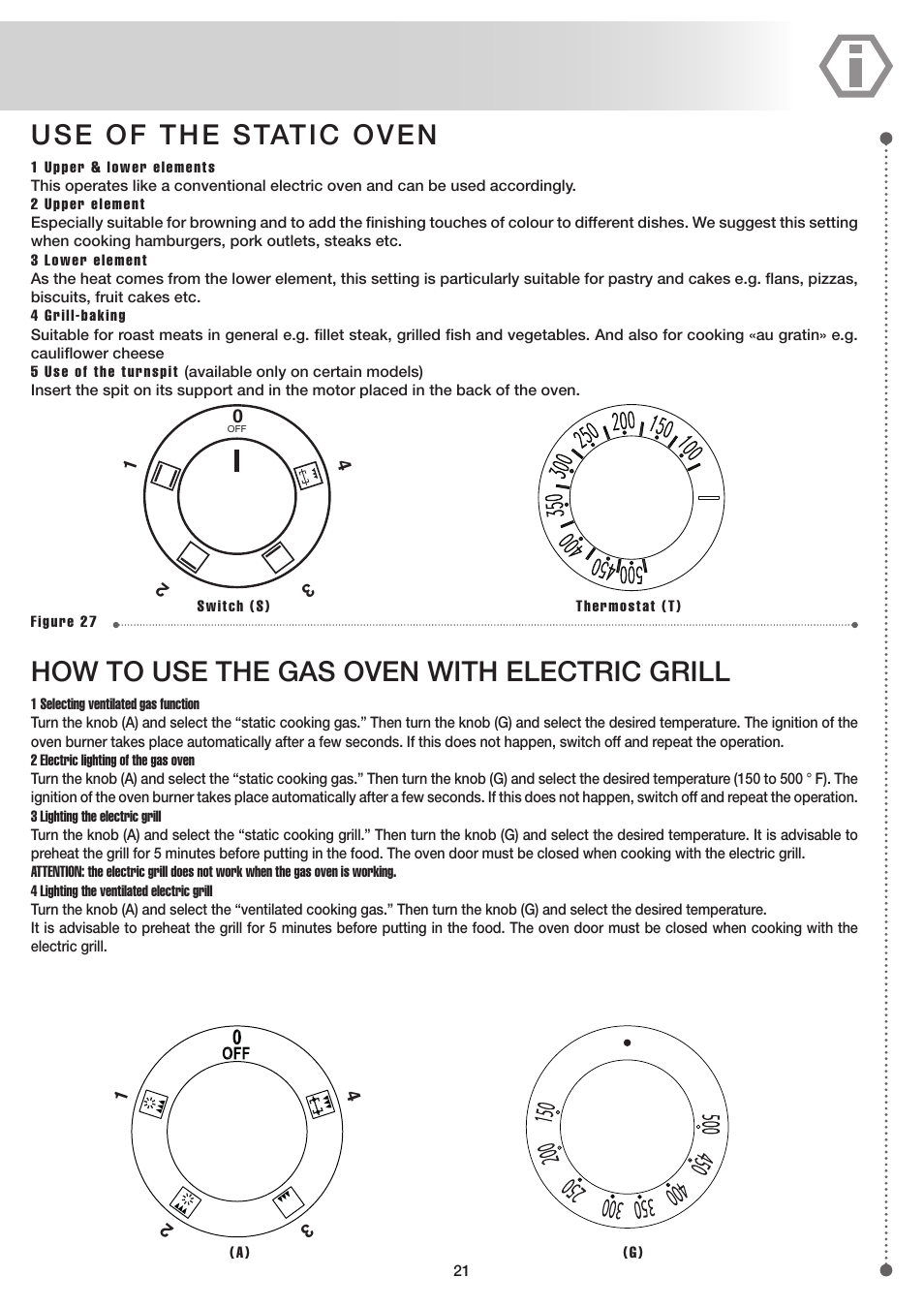 Use of the static oven, How to use the gas oven with electric grill | ilve UP60 Majestic User Manual | Page 21 / 48