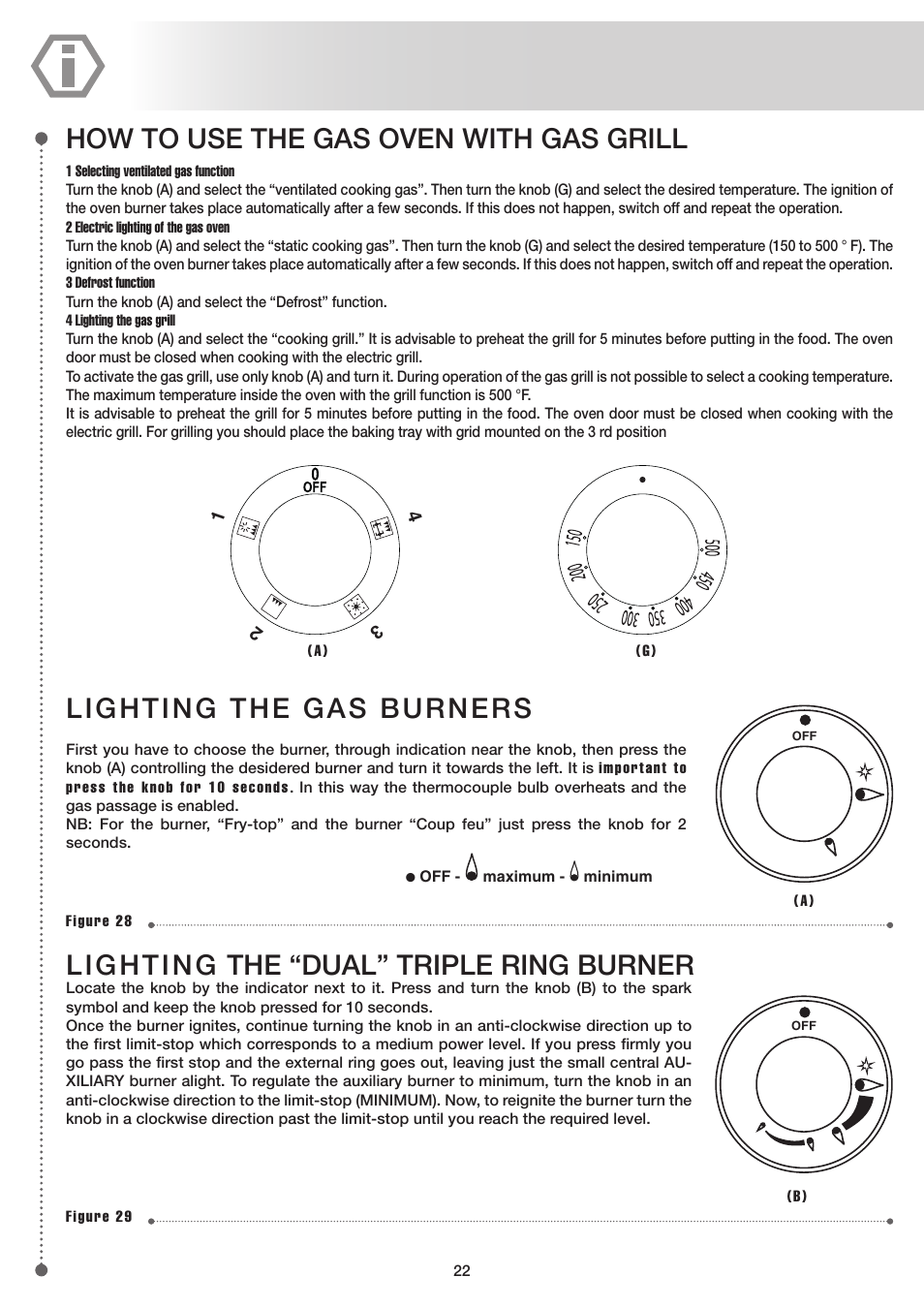 Lighting the gas burners, Lighting the “dual” triple ring burner, How to use the gas oven with gas grill | ilve UP60 Majestic User Manual | Page 22 / 48