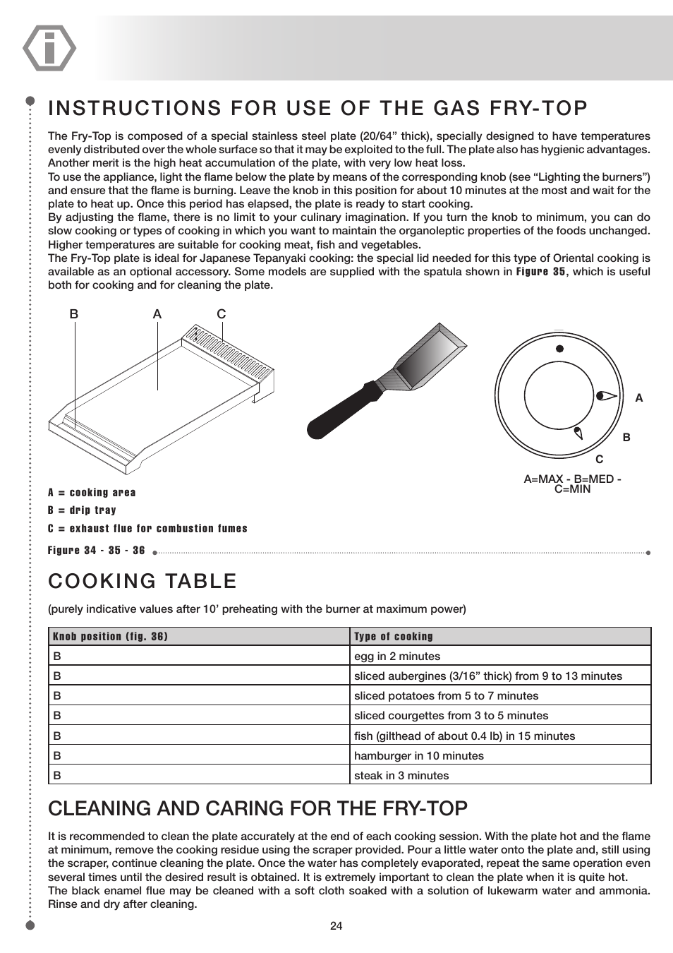Instructions for use of the gas fry-top, Cleaning and caring for the fry-top, Cooking table | ilve UP60 Majestic User Manual | Page 24 / 48