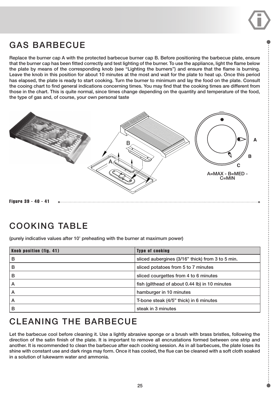 Gas barbecue, Cooking table, Cleaning the barbecue | ilve UP60 Majestic User Manual | Page 25 / 48