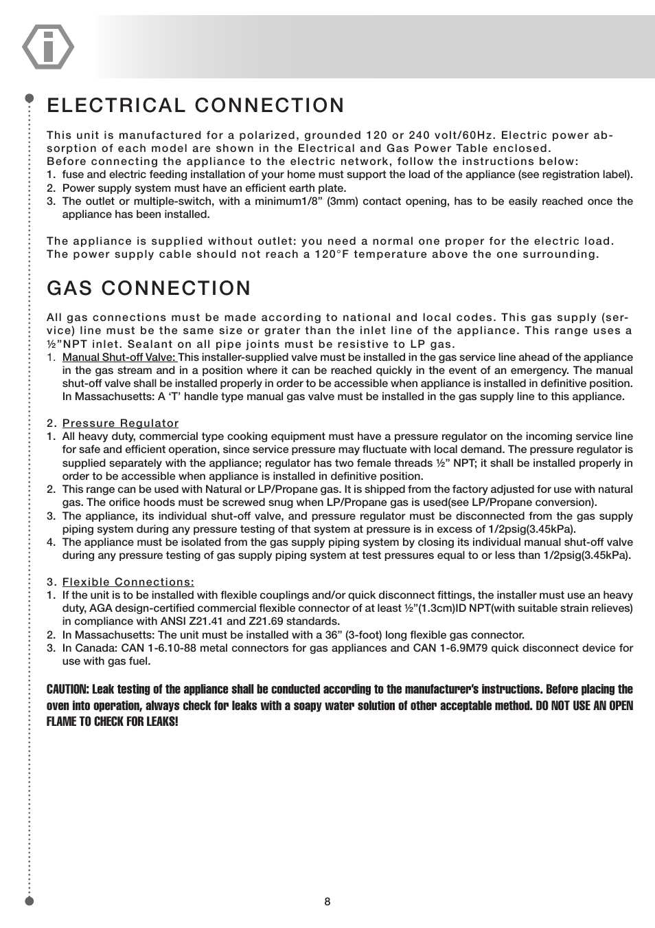 Electrical connection, Gas connection | ilve UP60 Majestic User Manual | Page 8 / 48