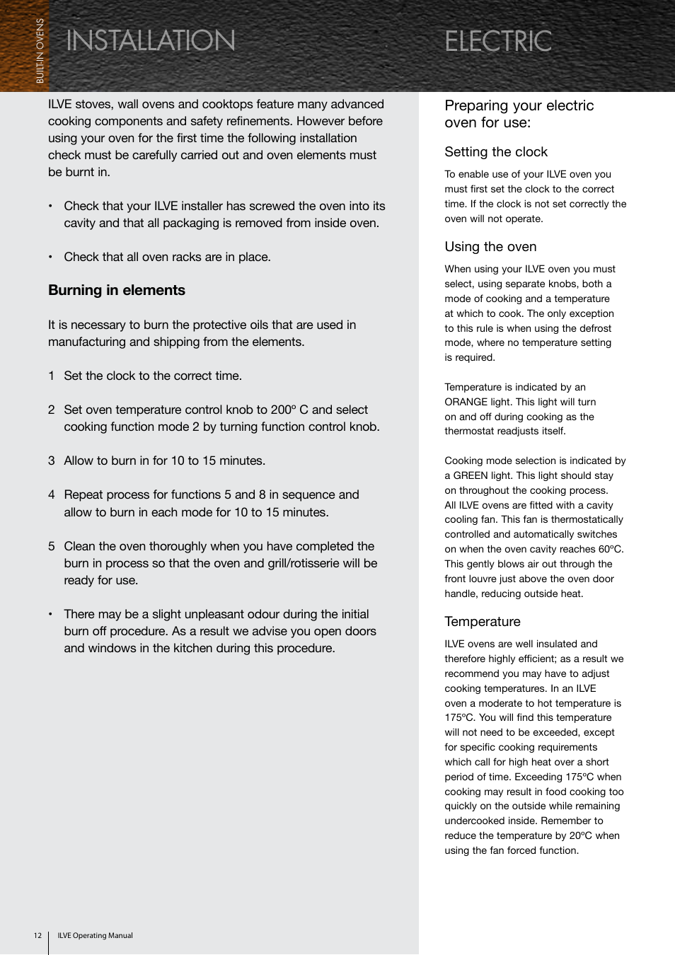 Installation, Electric, Burning in elements | Preparing your electric oven for use | ilve Built-in Oven User Manual | Page 12 / 40