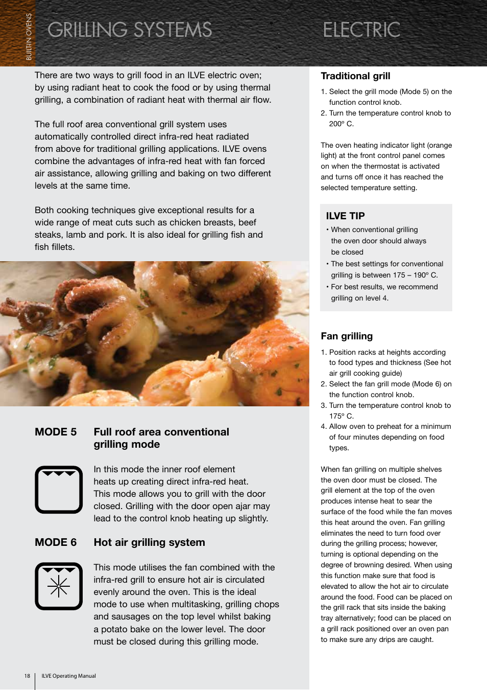 Grilling systems, Electric, Mode 5 full roof area conventional grilling mode | Mode 6 hot air grilling system | ilve Built-in Oven User Manual | Page 18 / 40