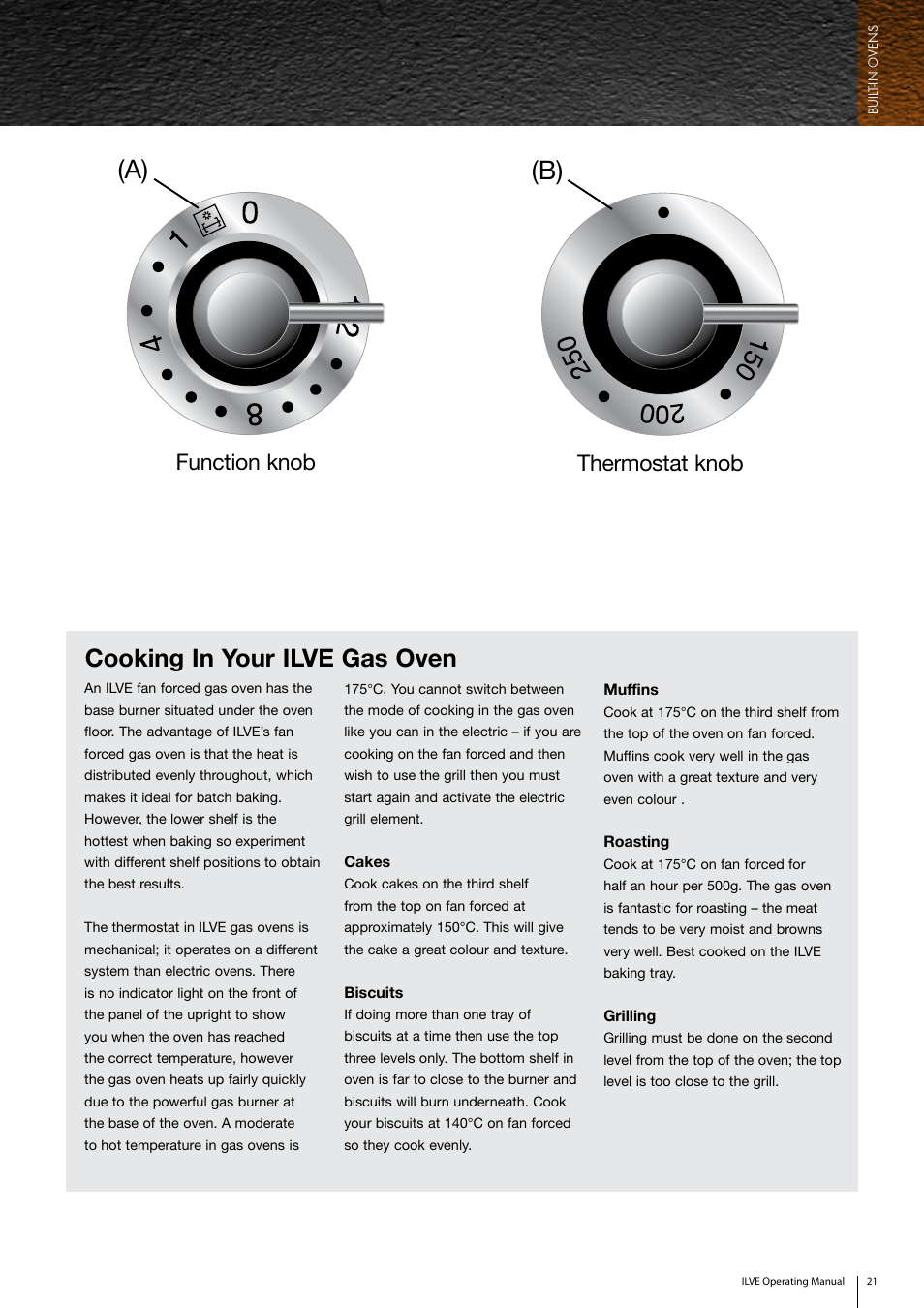 Cooking in your ilve gas oven, Thermostat knob function knob | ilve Built-in Oven User Manual | Page 21 / 40
