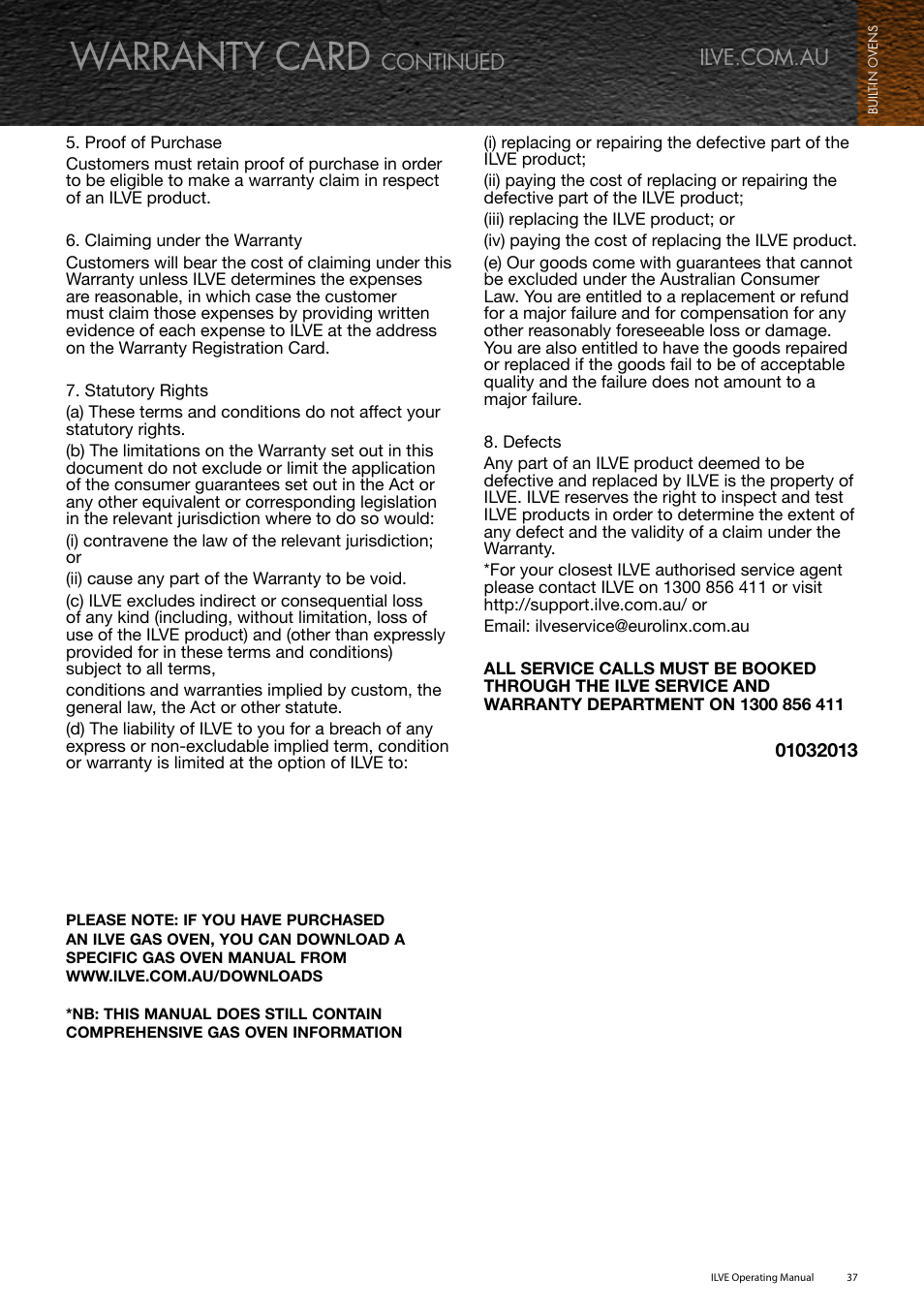 Warranty card, Continued | ilve Built-in Oven User Manual | Page 37 / 40