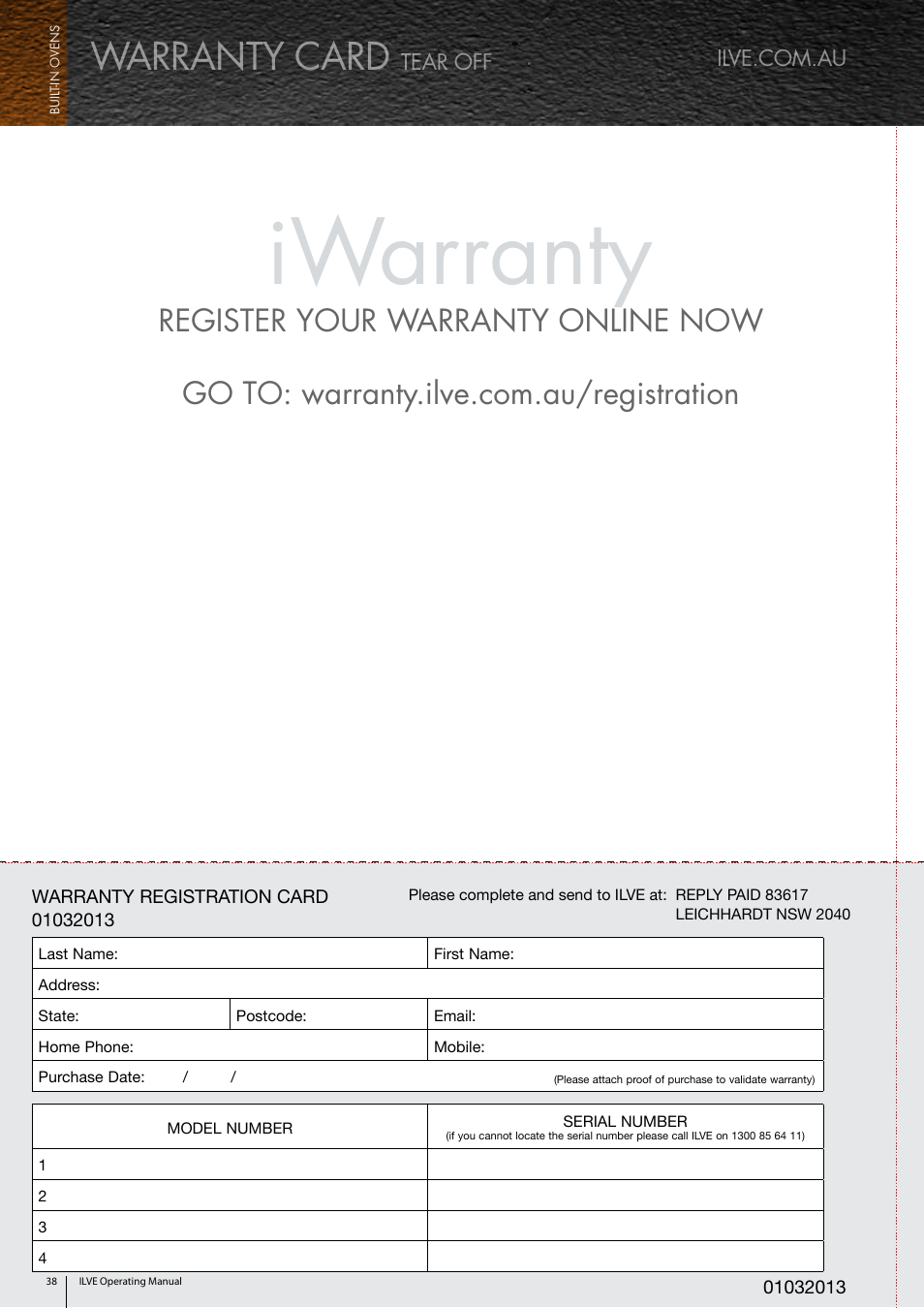 Iwarranty, Warranty card | ilve Built-in Oven User Manual | Page 38 / 40