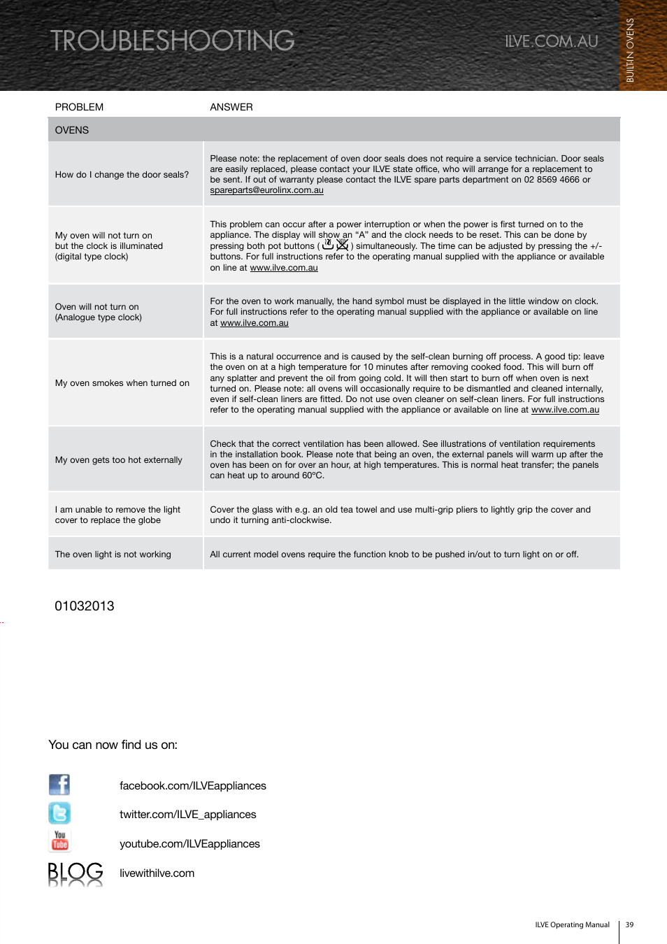 Troubleshooting, You can now find us on | ilve Built-in Oven User Manual | Page 39 / 40