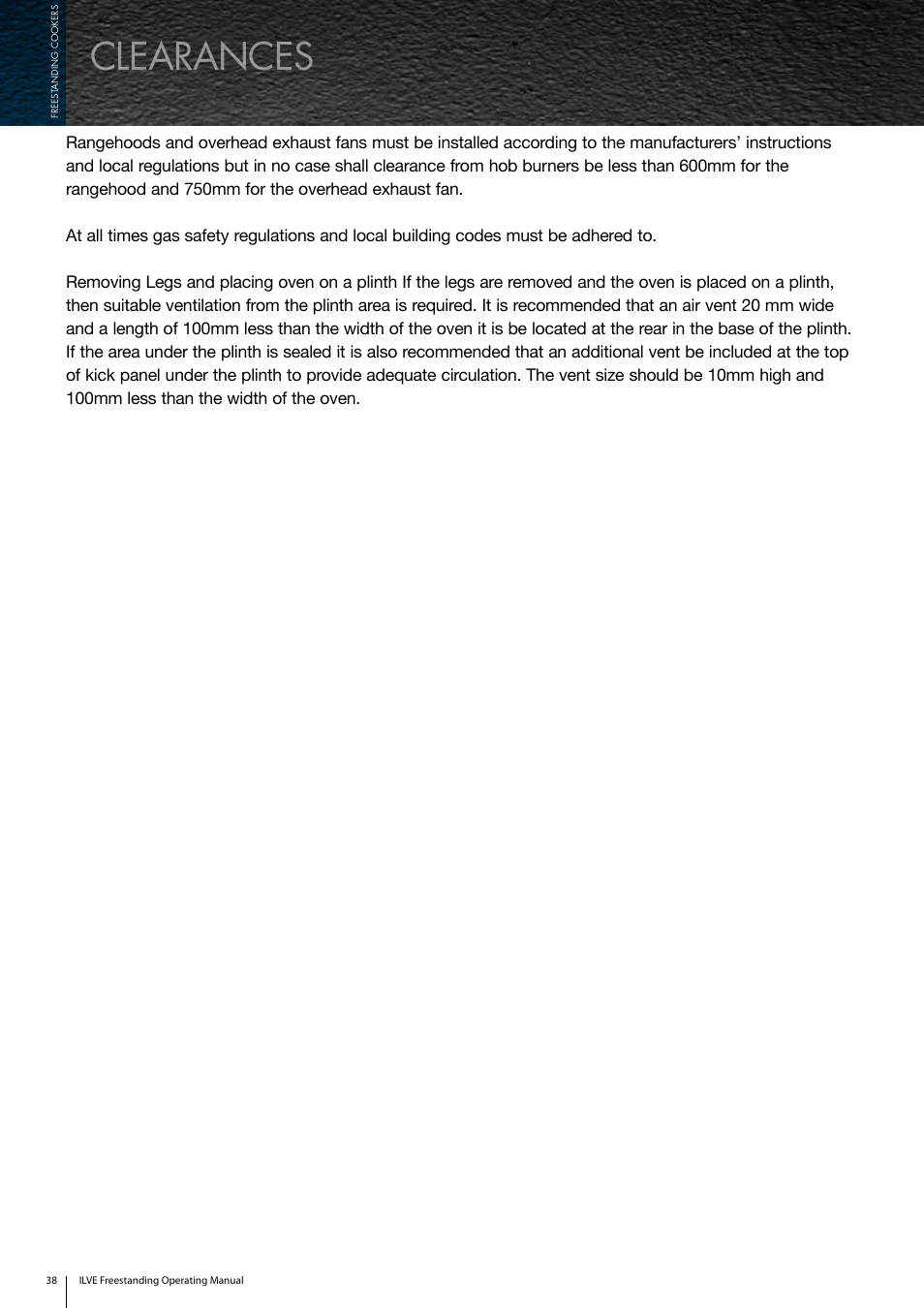 Clearances | ilve Freestanding Cookers User Manual | Page 38 / 66