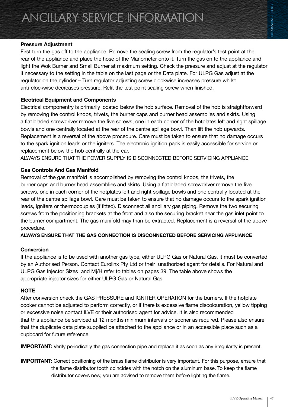 Ancillary service information | ilve Freestanding Cookers User Manual | Page 47 / 66