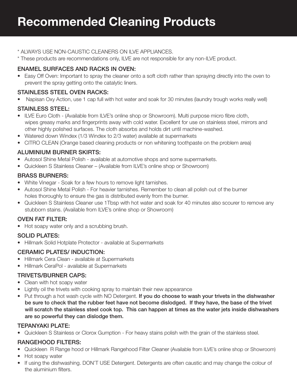 Recommended cleaning products | ilve Gas Oven User Manual | Page 6 / 11