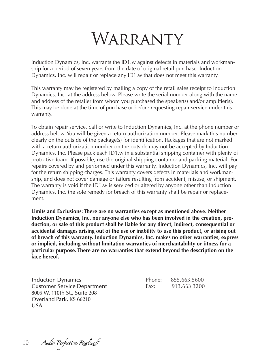 Warranty | Induction Dynamics ID1.w User Manual | Page 11 / 14