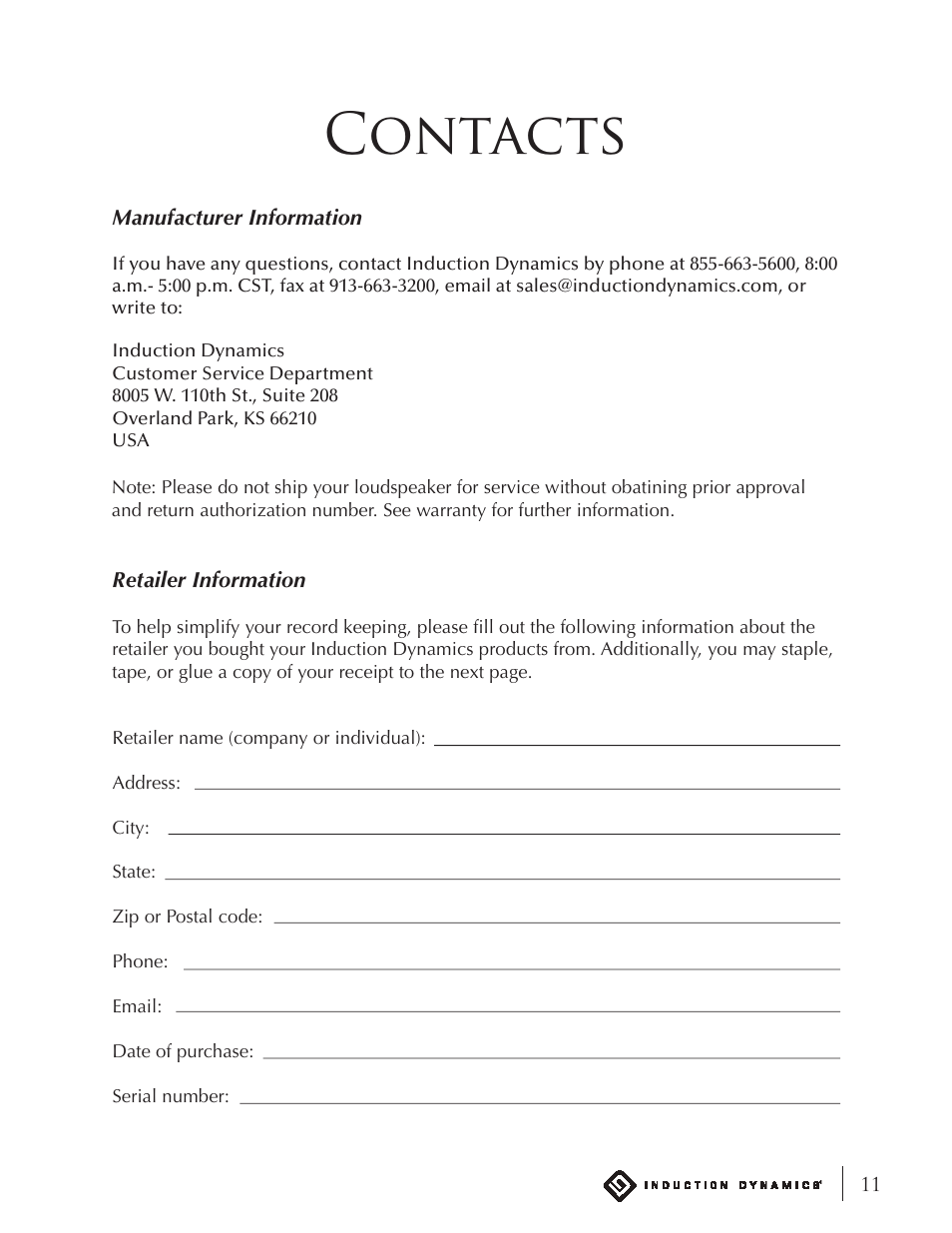 Contacts | Induction Dynamics ID1.w User Manual | Page 12 / 14
