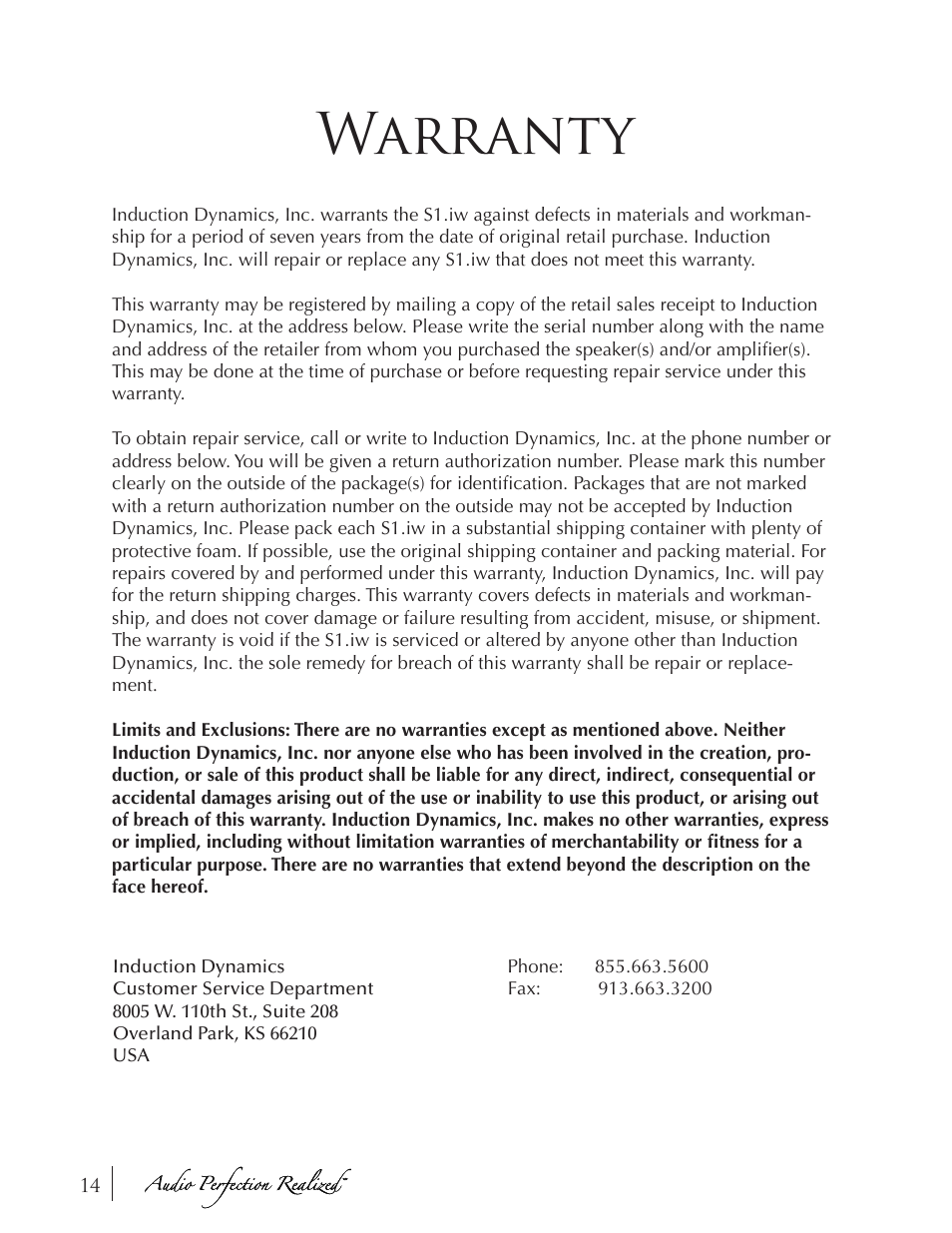 Warranty | Induction Dynamics S1.iw User Manual | Page 16 / 19