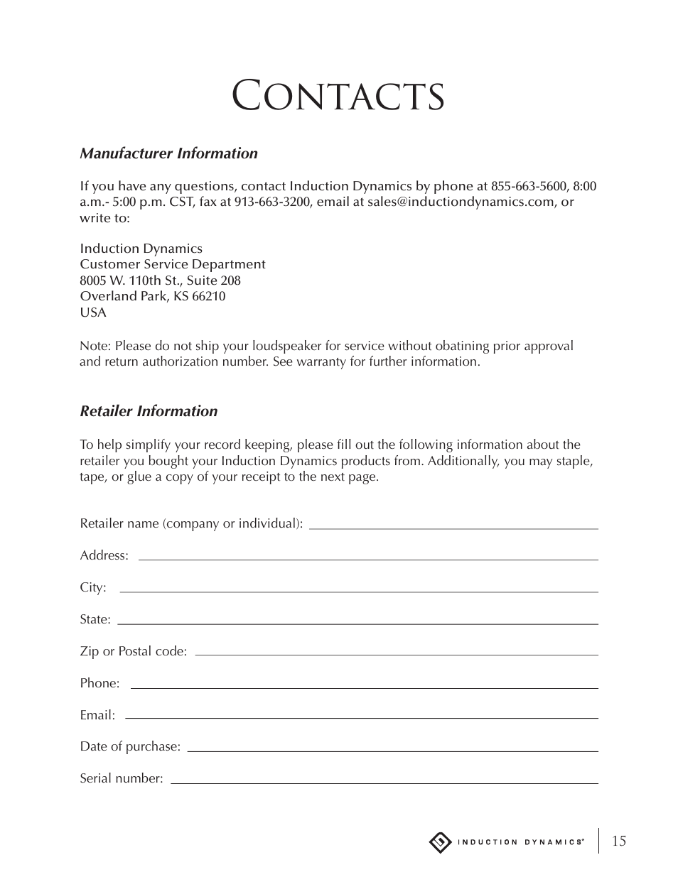 Contacts | Induction Dynamics S1.iw User Manual | Page 17 / 19