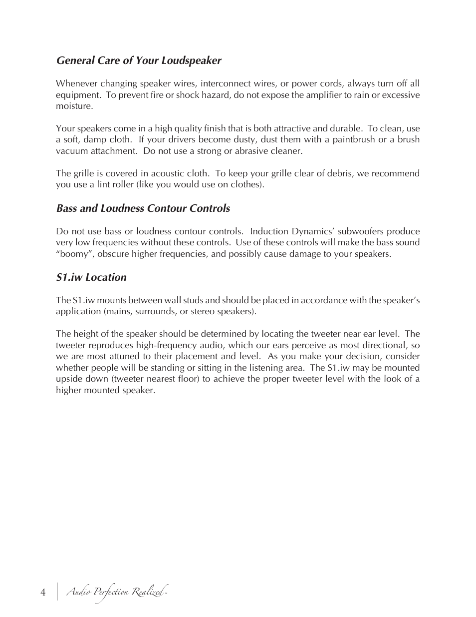 General care of your loudspeaker, Bass and loudness contour controls, S1.iw location | Induction Dynamics S1.iw User Manual | Page 6 / 19