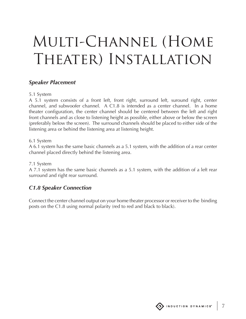 Multi-channel (home theater) installation | Induction Dynamics C1.8 User Manual | Page 8 / 13