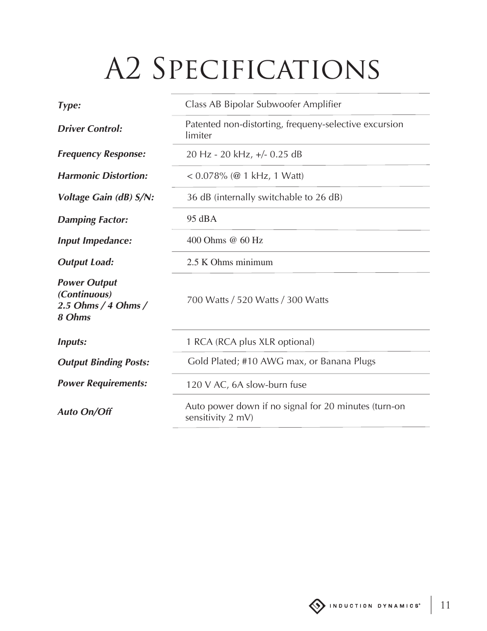 A2 specifications | Induction Dynamics SW1 User Manual | Page 12 / 18