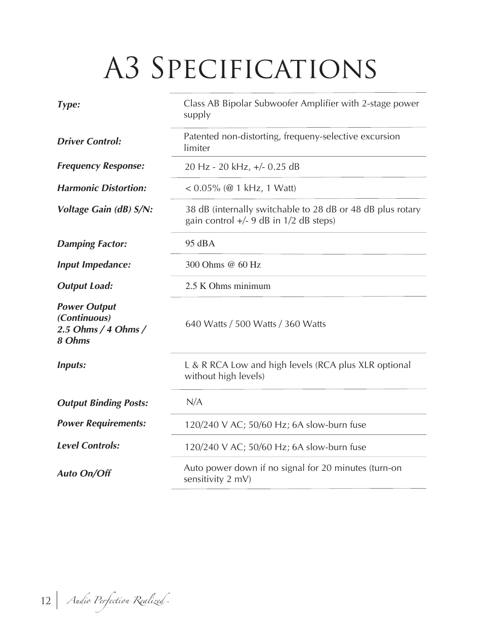 A3 specifications | Induction Dynamics SW1 User Manual | Page 13 / 18