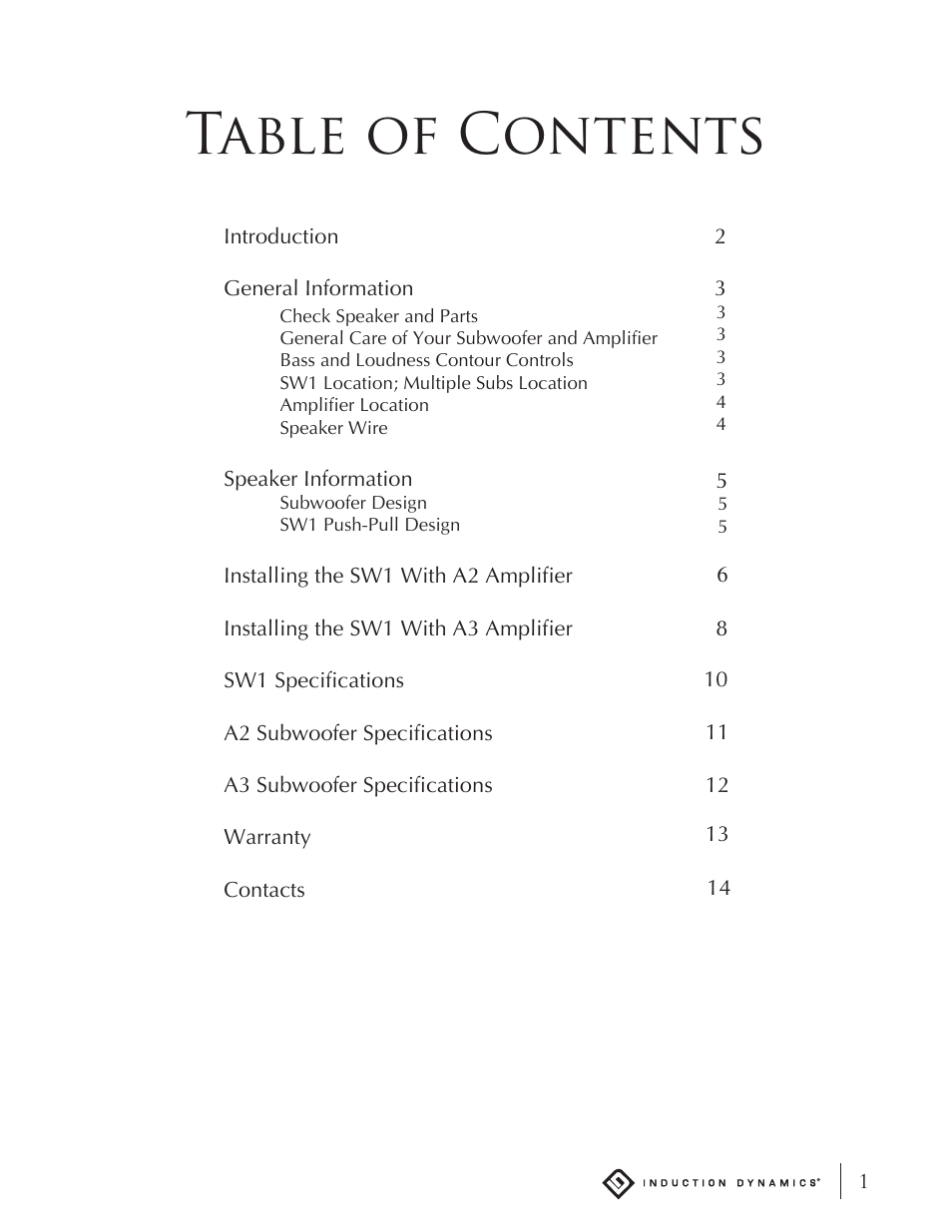 Induction Dynamics SW1 User Manual | Page 2 / 18