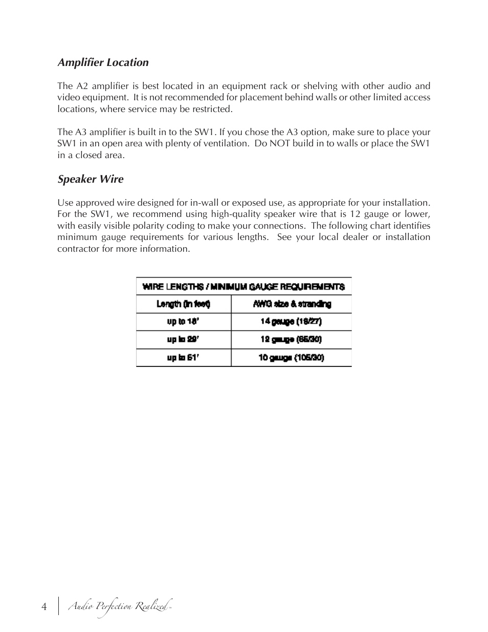 Amplifier location, Speaker wire | Induction Dynamics SW1 User Manual | Page 5 / 18