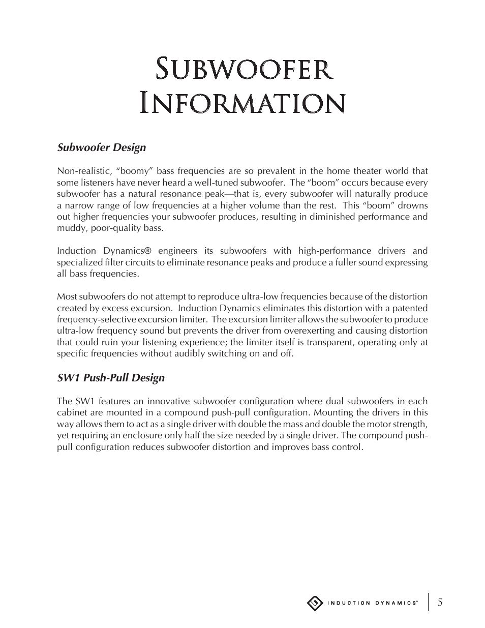 Subwoofer information | Induction Dynamics SW1 User Manual | Page 6 / 18