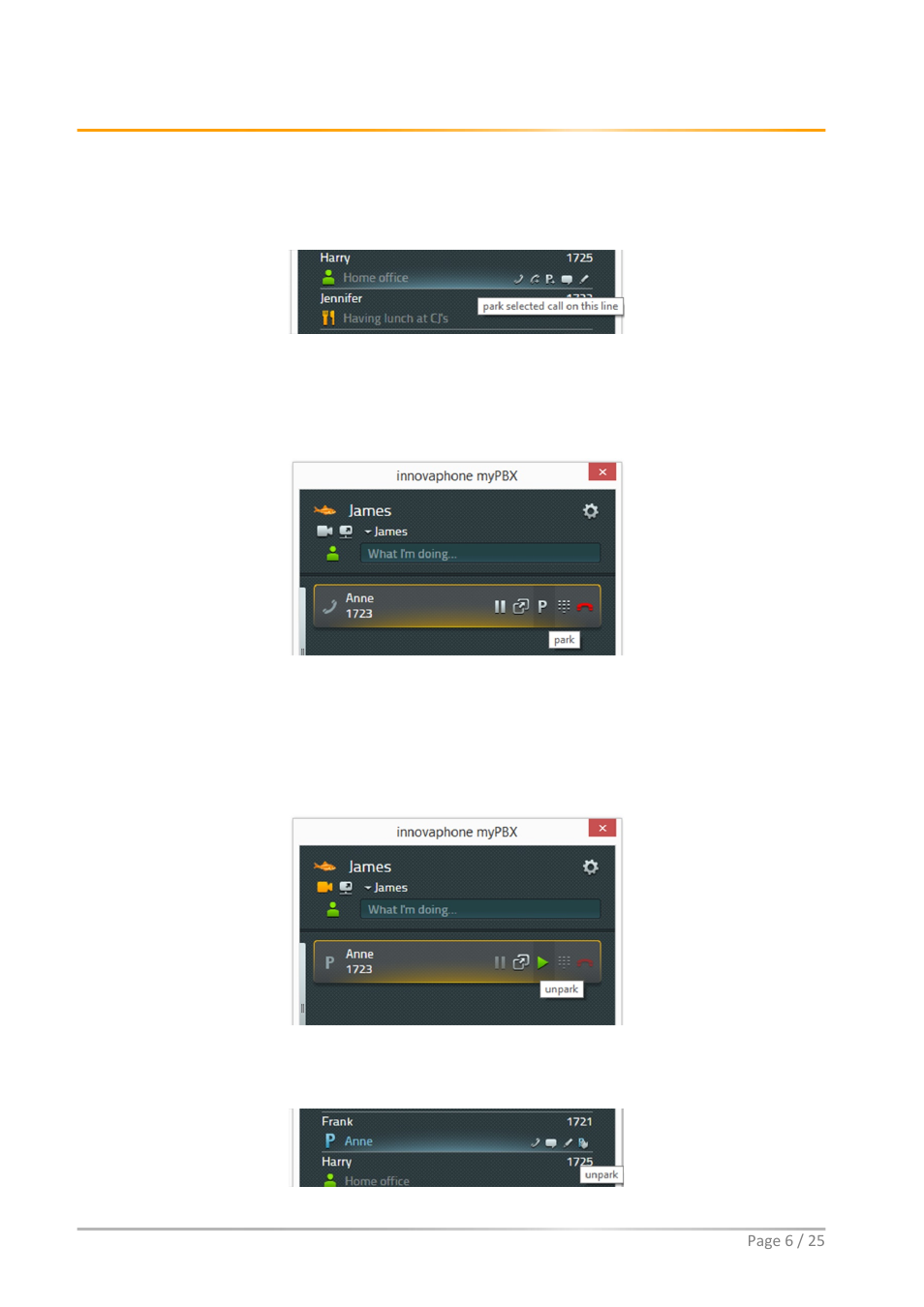 Parking a call, Unparking a call with mypbx, Parken | Entparken mit mypbx | innovaphone myPBX Version 11 R1 User Manual | Page 6 / 25
