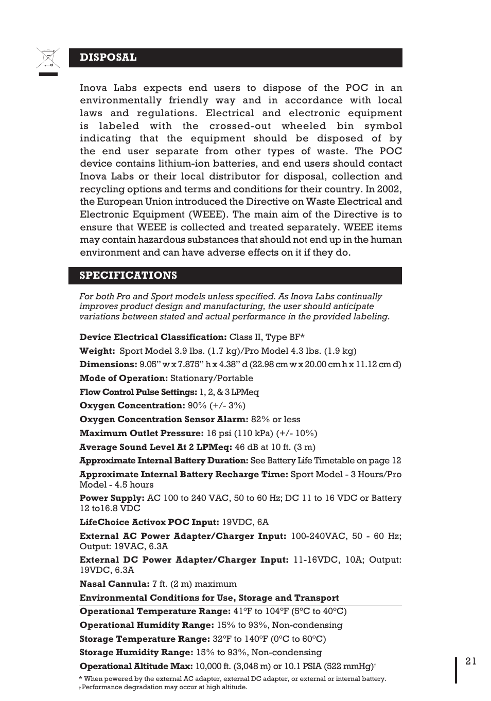 Specifications, Disposal | Inova Labs XYC100B-SPT User Manual | Page 23 / 32