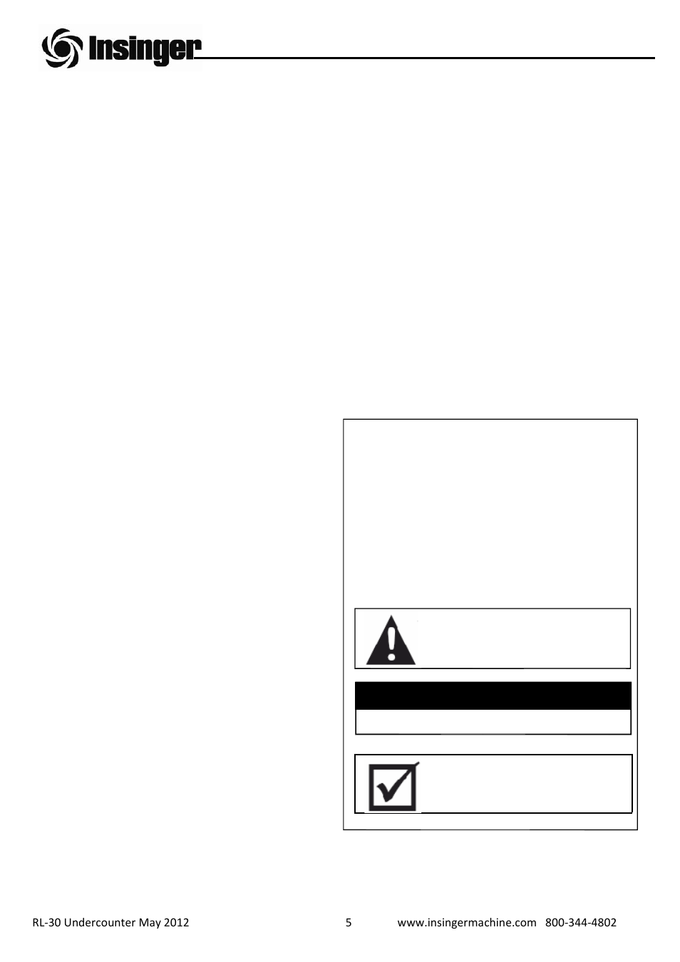 Rl-30 undercounter dishwasher, Part 1 technical information | Insinger RL-30 User Manual | Page 6 / 39